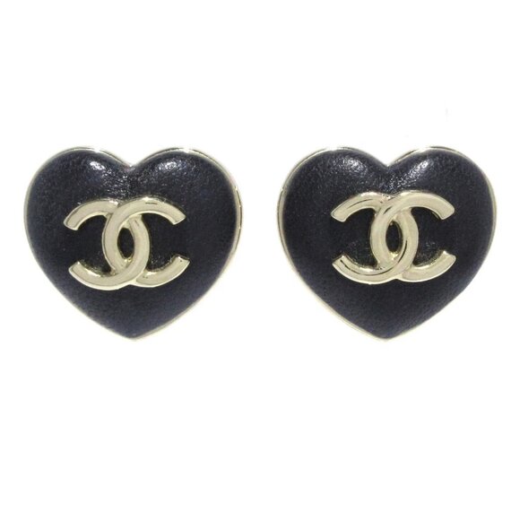 CHANEL - Black Gold Leather Hardware Earrings - Picture 1 of 6